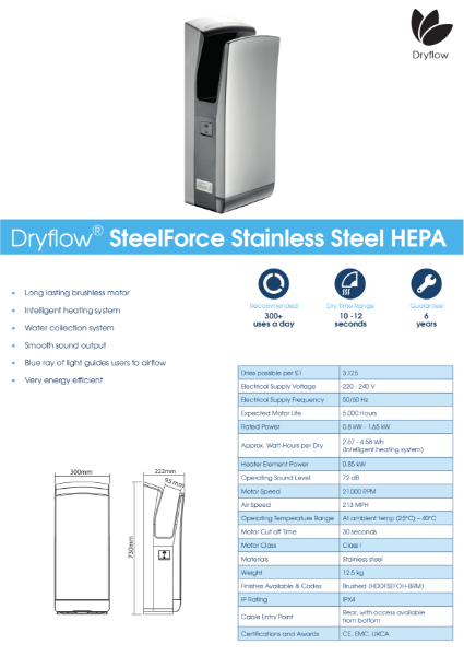 Hand Dryer Spec Sheet - Dryflow SteelForce with HEPA Hand Dryer