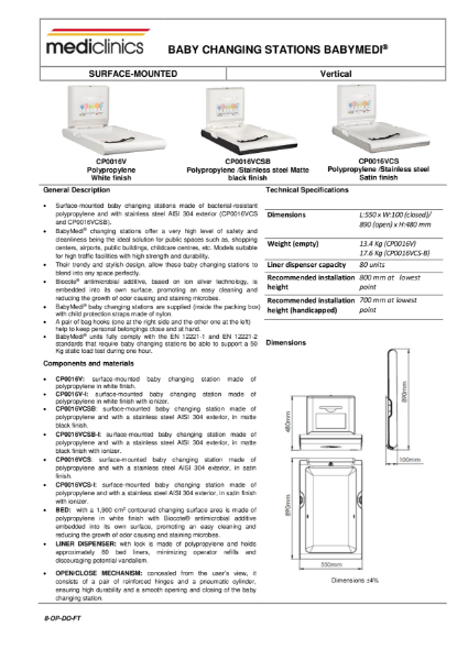 Baby Changing Table / Station Spec Sheet - Mediclinics Babymedi Vertical Surface Mounted Baby Changing Unit CP0016V