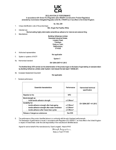 DECLARATION OF PERFORMANCE - BAL Single Part Fast Flex White