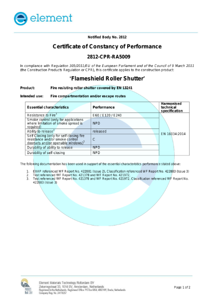 Certificate of Constancy of Performance (AVCP) CE marked fire shutters 60-240 minutes 