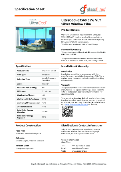 UltraCool-S3560 35% VLT Silver Window Film Specification Sheet