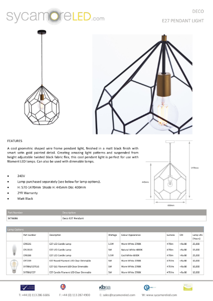 Specification Sheet for Deco E27 Pendant Light