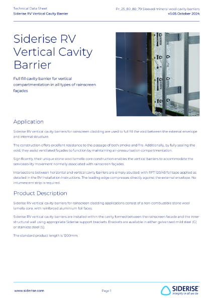 Siderise RV | Cavity Barriers for Cladding / Rainscreen – Vertical v3.05 – Technical Data