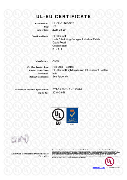 PFC Corofil High Expansion Intumescent Sealant CHES - UL-EU Certificate: 01168-CPR