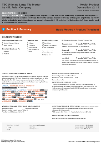 Health Product Declaration - Large Tile Mortar