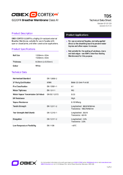 OBEX CORTEX 0220FR Class A1 Breather Membrane W2 - TDS