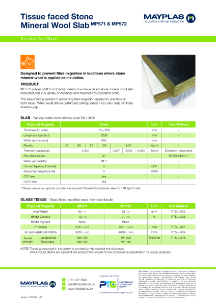 Mayplas MP571 MP572 Tissue Faced Stone Mineral Wool Slab - Technical Data Sheet