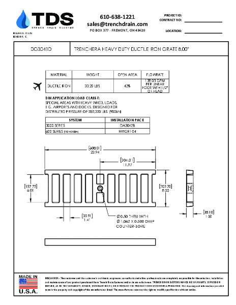 Trench•Era Heavy Duty Ductile Iron Grate 8.00" Class F - DG3041D