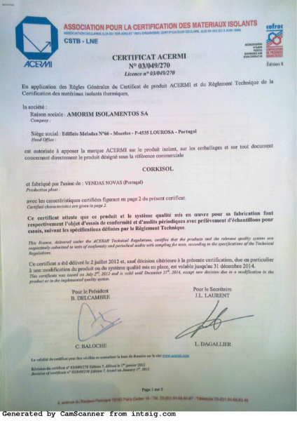 Amorim EN 13170 Ethical and Environmental Certificate