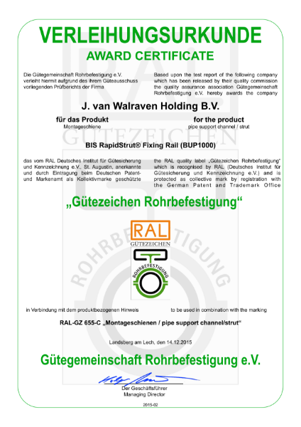 Certificate RAL QualityMark RapidStrut