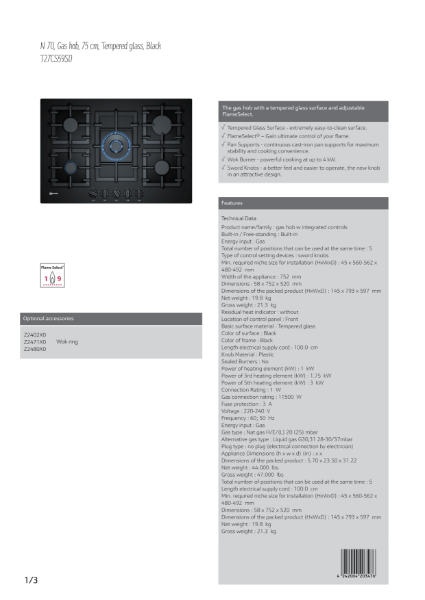 Gas Hobs on Black Glass T27CS59S0, Datasheet