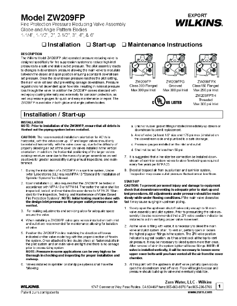 Installation Instructions - ZW209FP (1-1/4" - 6") EXPORT
