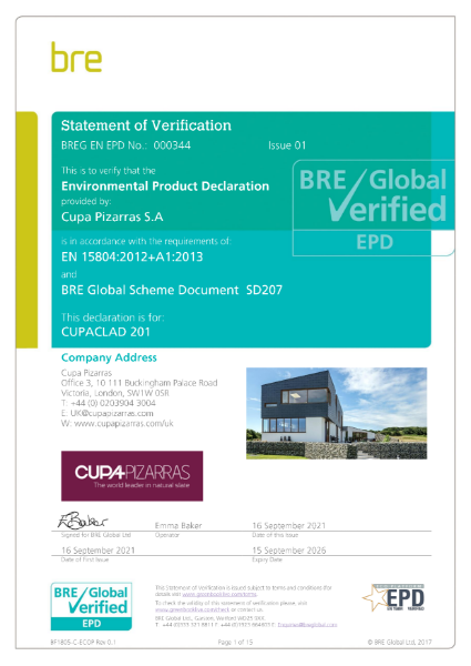 BRE Global Verified (EPD) – CUPACLAD 201