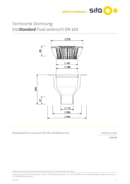 DN100 SitaStandard Fluid Vertical Roof Outlet - Technical Drawing