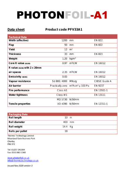 PhotonFoil-A1 (non-combustible) Technical Datasheet