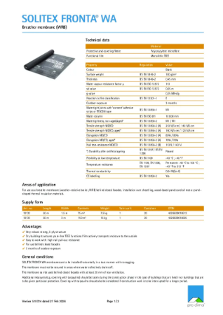 Pro Clima Solitex Fronta WA Technical Datasheet