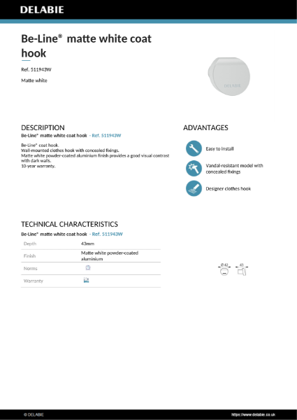 Be-Line® Coat Hook - Matte White Product Data Sheet