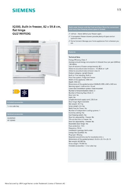 iQ300, Built-in freezer, 82 x 59.8 cm, flat hinge GU21NVFE0G