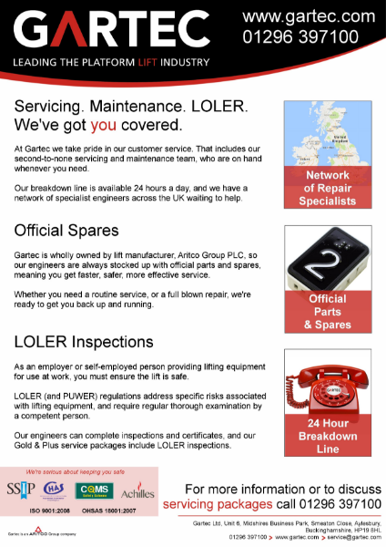 Gartec Passenger Platform Lift Servicing & Maintenance Packages