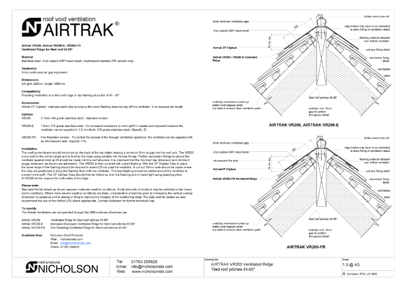 AIRTRAK VR200 45-65 degs tile Tech Data Sheet