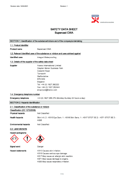 Supercast CWA Safety Datasheet