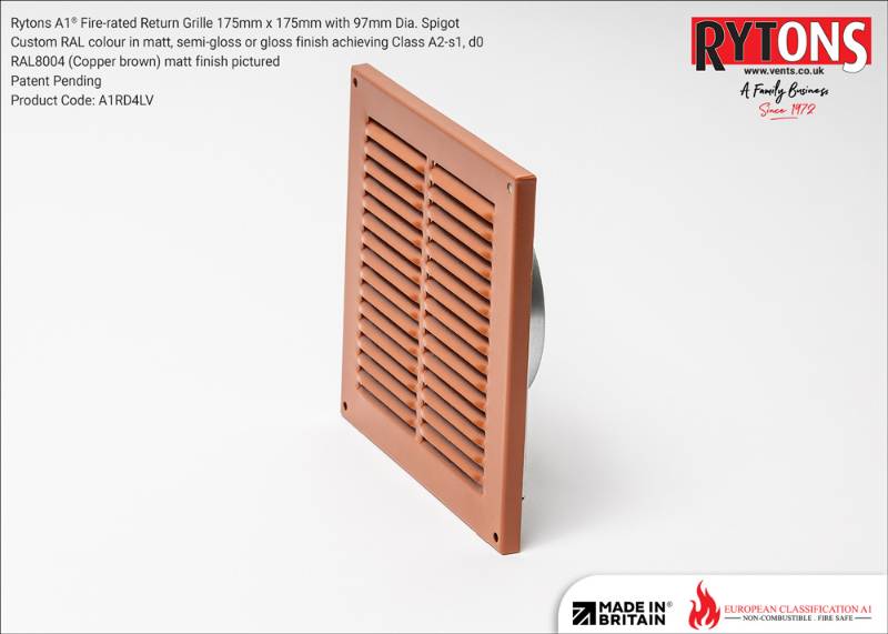 Rytons A1® Fire-rated Return Grilles 175 x 175 mm with Spigots