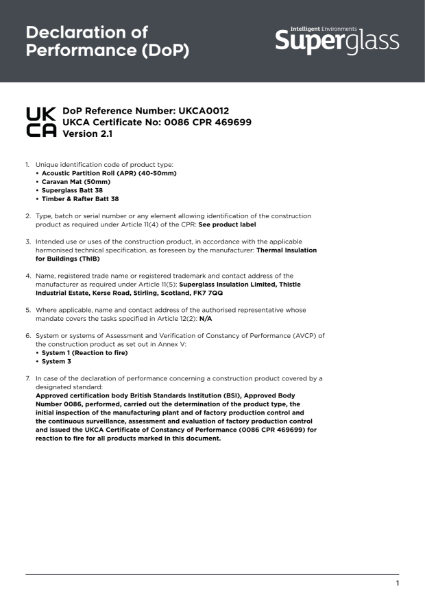 Declaration of Performance (DoP) - 50mm Superglass Acoustic Partition (APR) - UKCA