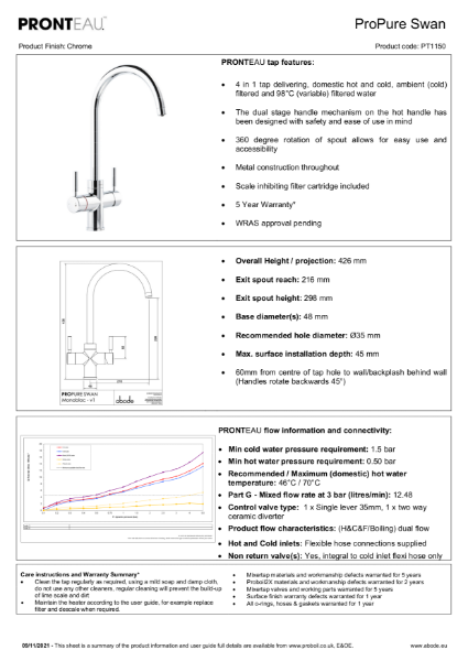 PT1150 PRONTEAU™ Propure 4 in 1 Tap (Chrome) - Consumer Specification