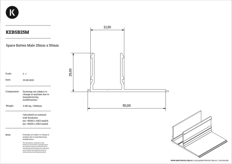 KEBSB25M 25 x 25 mm cladding batten (fixed 25 mm spacing)