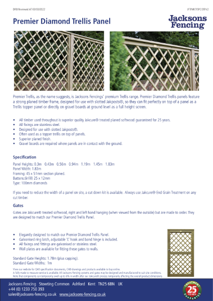 Premier Diamond Trellis Panel Specificaton Sheet