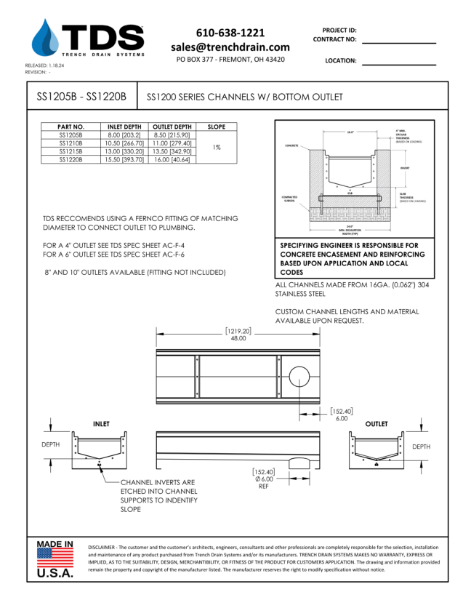 SS1200 Series Channels with Bottom Outlet