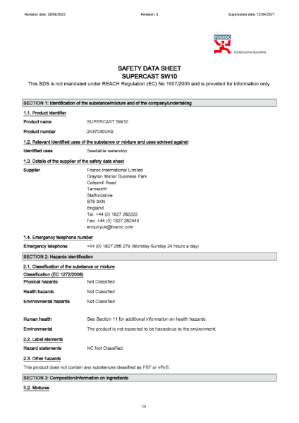 Supercast SW10 Safety Datasheet