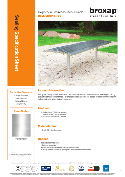 Hopetoun Stainless Steel Bench Specification Sheet