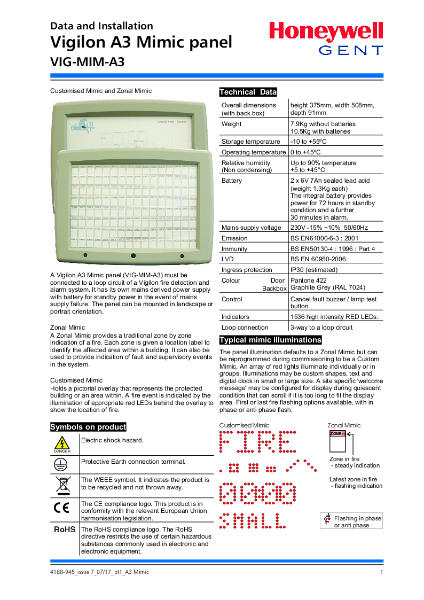 Honeywell Gent VIG-MIM-A3, Vigilon Loop connected A3 Mimic Panel