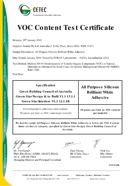 VOC Test Certificate - All Purpose Silicone