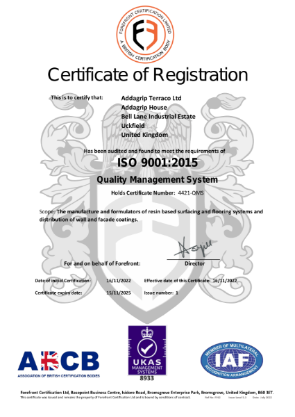 Addagrip Terraco ISO 9001 Certificate
