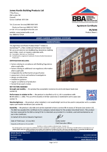 Hardie® Panel cladding BBA Certificate 05/4248
