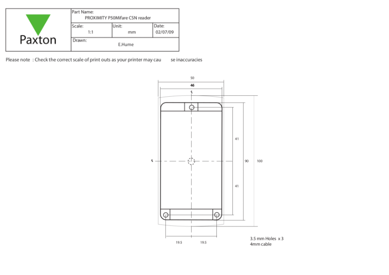 Net2 proximity MIFARE Reader, P50 - drilling template