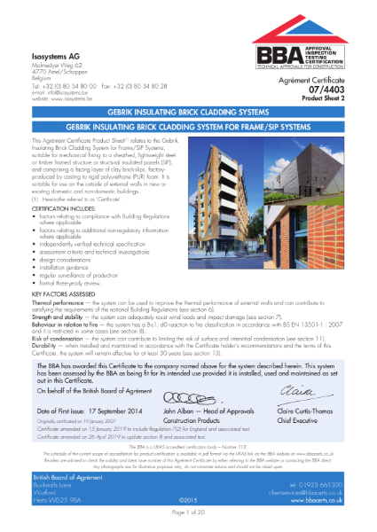 Gebrik Insulating Brick Cladding Systems for Frame & Sip Systems - BBA Certificate