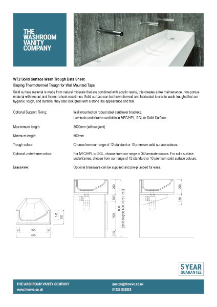 Solid Surface Sloping Wash Trough Without Tap Deck – WT2