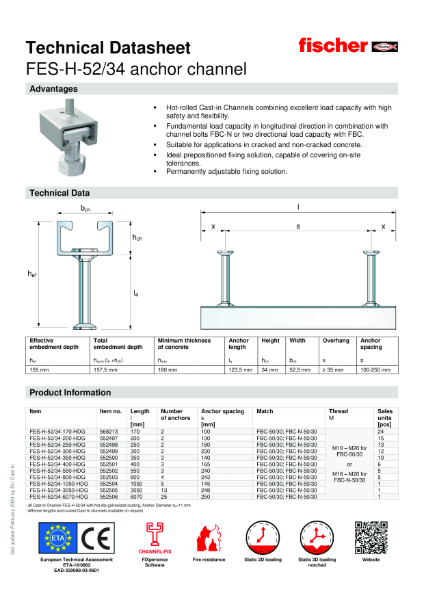 FES-H-52/34 anchor channel - Technical Datasheet