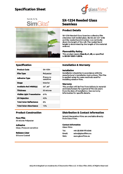 SX-1254 Reeded Glass 1/2" Seamless Specification Sheet