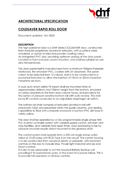 Rapid Roll Coldsaver Door Architectural Specification