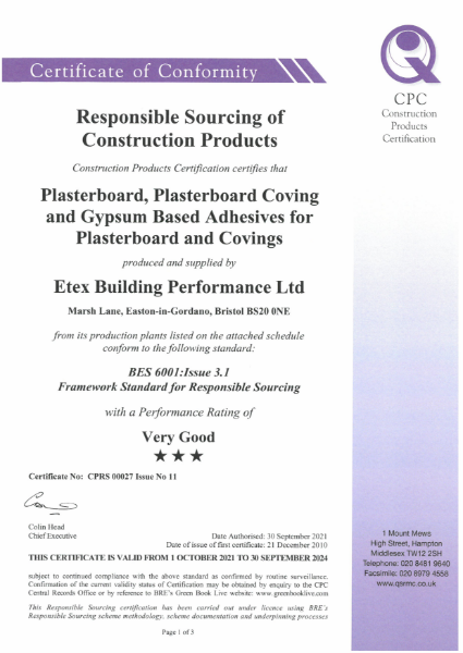 BES6001 Responsible Sourcing Certificate for Etex/Promat