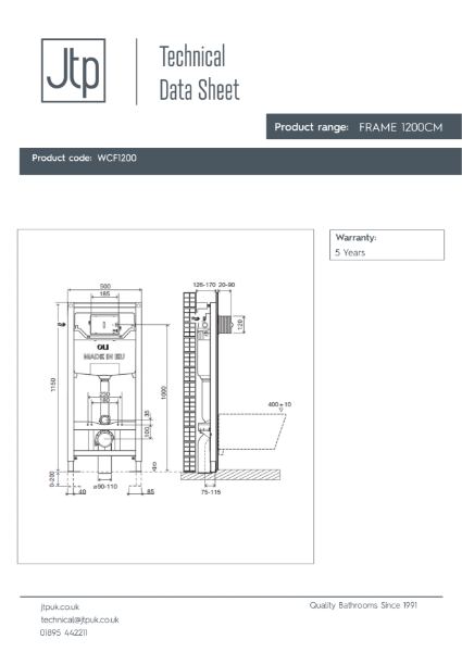 Pre-wall Freestanding WC 1200 mm – Product Data Sheet