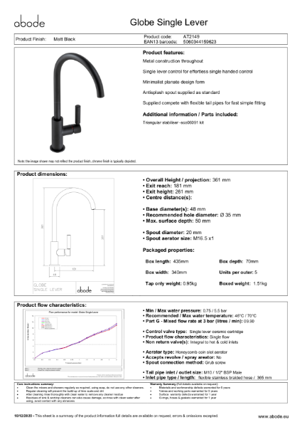 Globe Single Lever Matt Black Consumer Specification