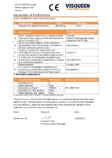 Tanking CE Visqueen Pre Applied Membrane Declaration of Performance