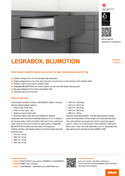 LEGRABOX BLUMOTION M Height Inner Drawer Specification Text