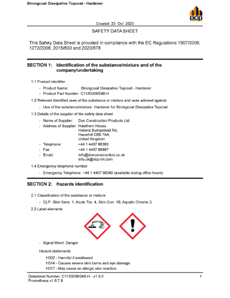 Strongcoat Dissipative Topcoat - Hardener SDS