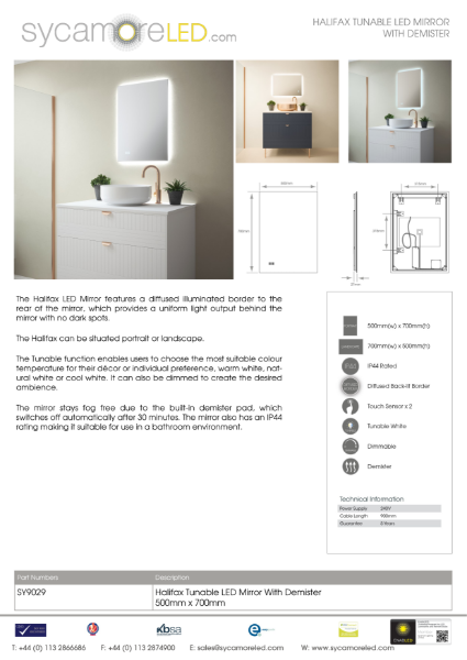 Specification Sheet for Halifax Illuminated Mirror